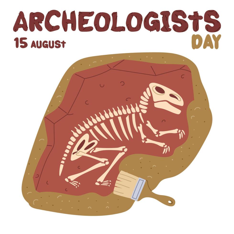 Archaeologist's Day is August 15th. A fossil of tyrannosaurus bones with a brush in the sand. Flat color illustration. Vulcanization. for postcards, posters, articles, blogs, educational materials vector