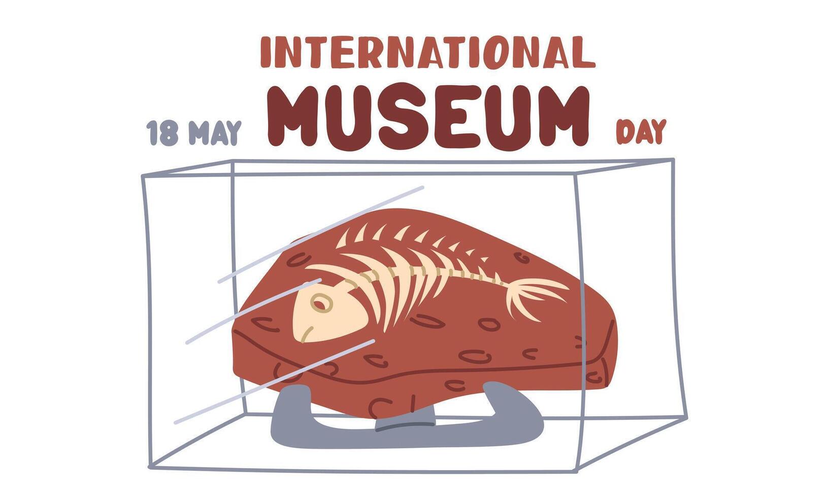 International Museum Day on May 18. fossil of prehistoric fish on a stand under glass. Flat color illustration for use in posters, articles, and social media related to science and history. Horizontal vector