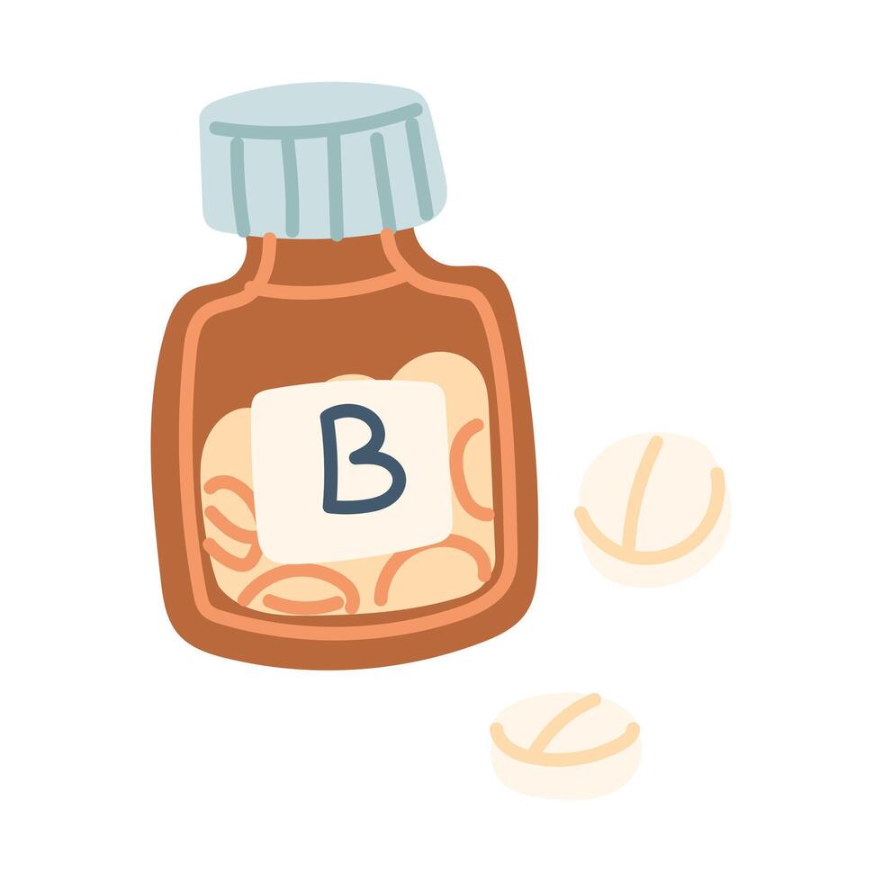 Glass jar with vitamin B. Round pills . The flat color illustration is suitable for applications, posters about health, fitness, exercise, disease prevention and cardiac activity. vector