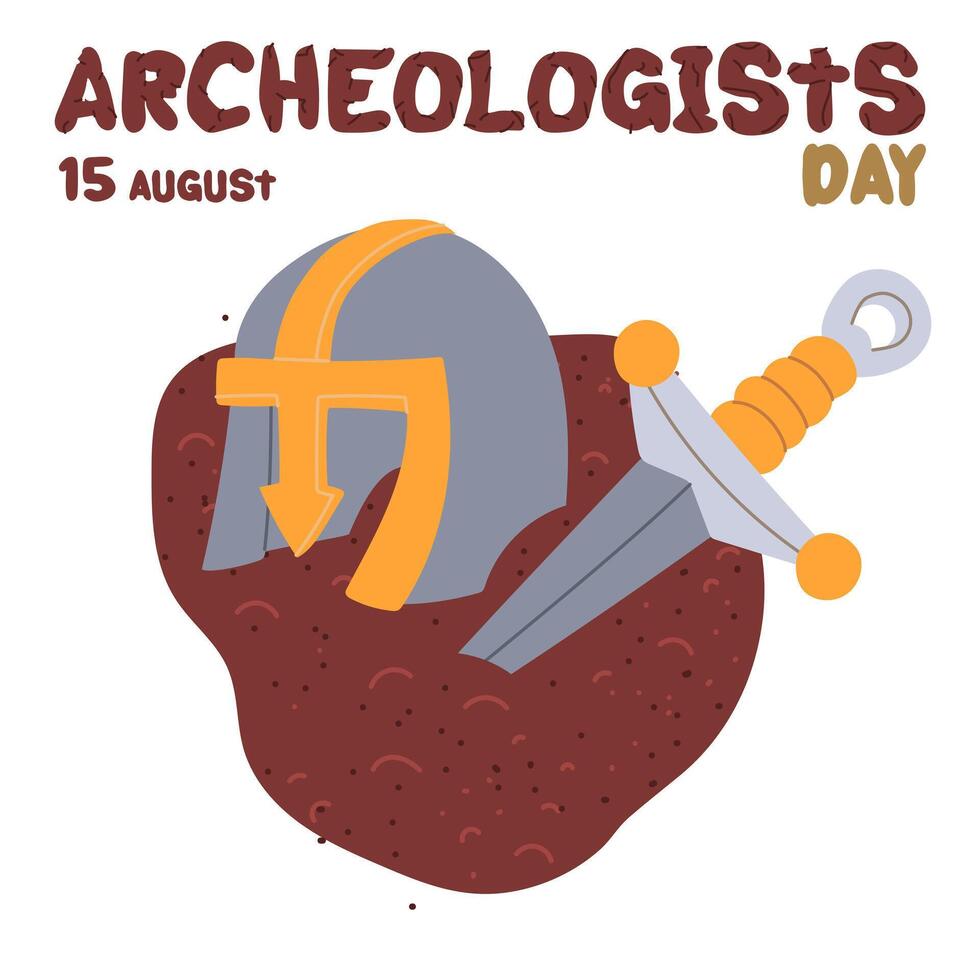 Archaeologist's Day is August 15th. Helmet and sword for protection. Flat color illustration. Military themes of Human History. for postcards, posters, articles, blogs, educational materials vector