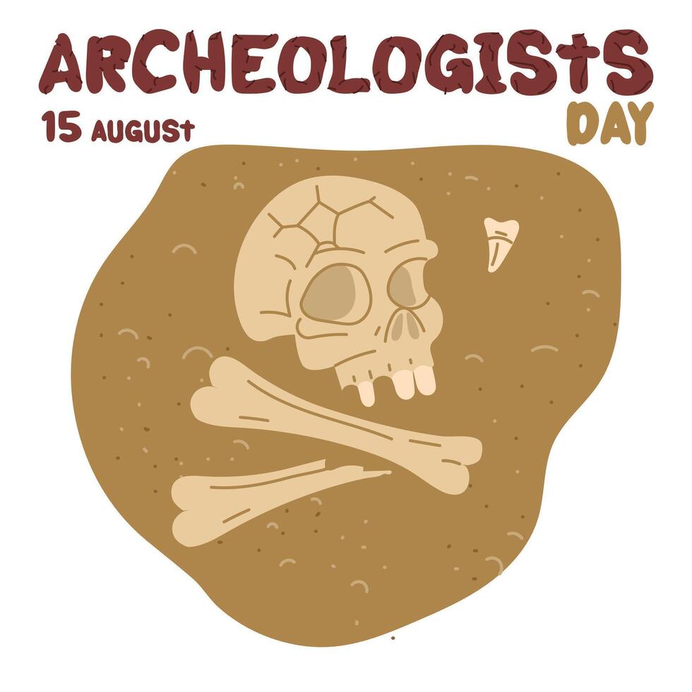 Archaeologist's Day is August 15th. A skull, bones, and a tooth in the sand. Flat color illustration. The history of man. for postcards, posters, articles, blogs, educational materials vector
