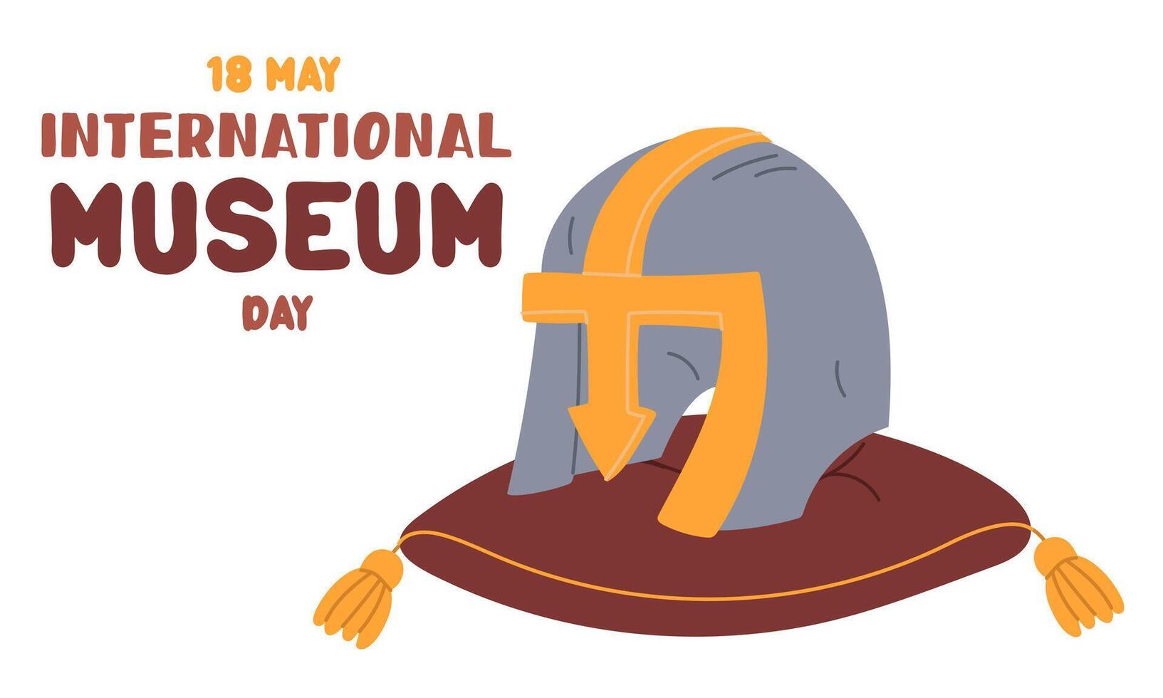 International Museum Day on May 18. Metal helmet on a pillow. Flat color illustration for use in posters, articles, and social media related to science and history. Horizontal banner vector