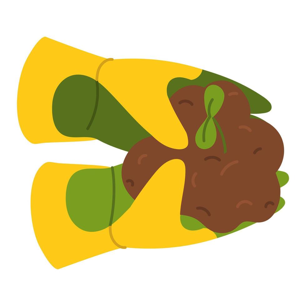 hands in rubber gloves hold sprout in ground for planting. Gardening tools. Flat color illustration. Suitable topics of ecology, horticulture, sustainable development, planting and nature protection vector