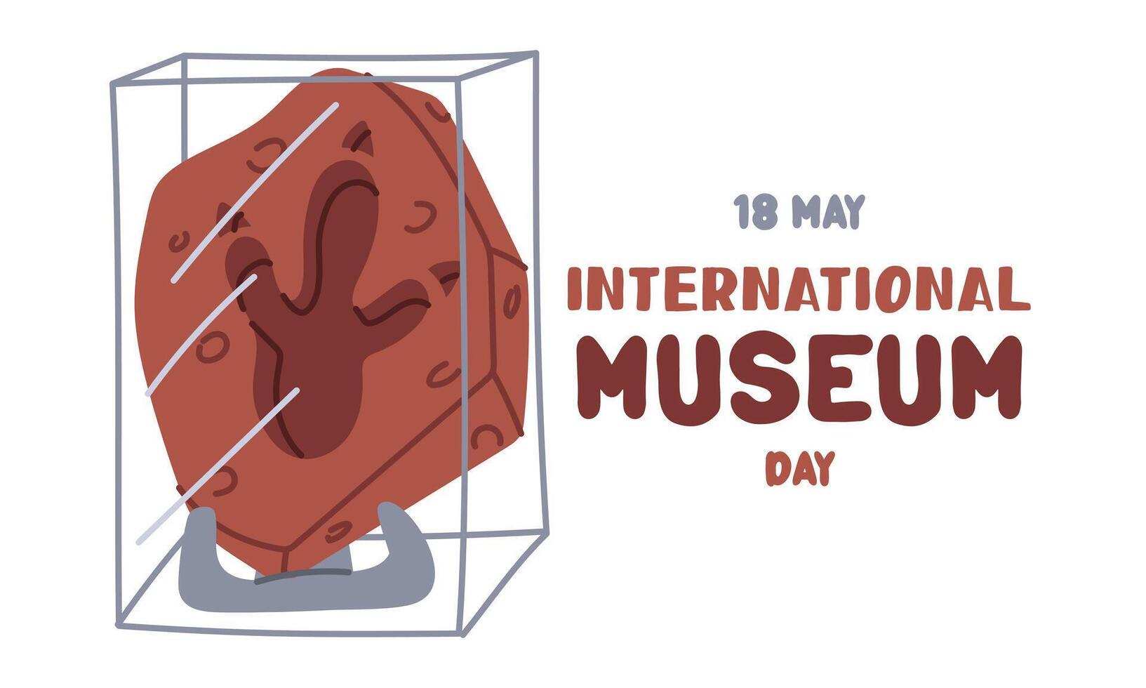 International Museum Day on May 18. tyrannosaurus footprint fossil on glass stand. Flat color illustration for use in posters, articles, social media related to science and history. Horizontal banner vector