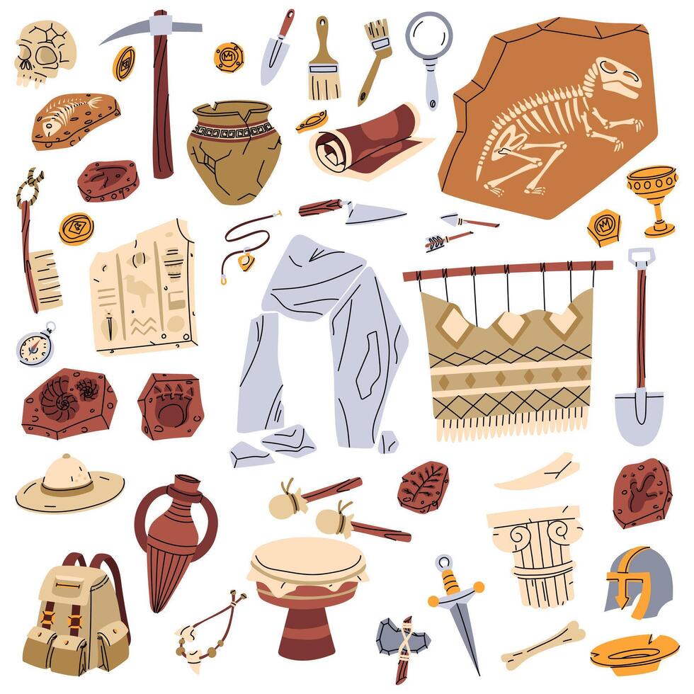 set of archaeological objects, flat color style. collection of historical finds in color. It is suitable for educational projects, infographics, books, presentations and design on historical topics. vector