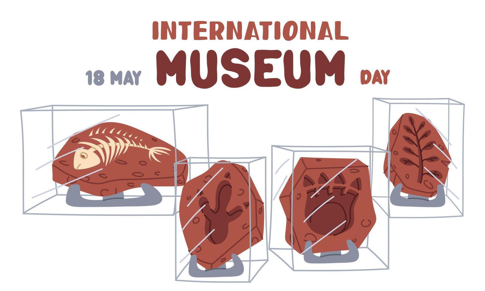 International Museum Day, May 18. Fossils of prehistoric animals and plants under glass on stand. Flat color illustration for use in posters, articles, and social media related to science and history vector