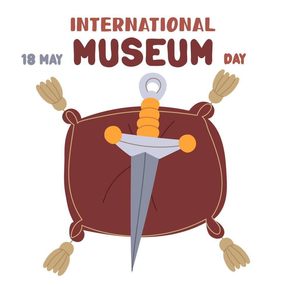 International Museum Day on May 18. sword, blade made of precious materials on cushion with tassels. Flat color illustration for use in posters, articles, social media related, history. banner vector