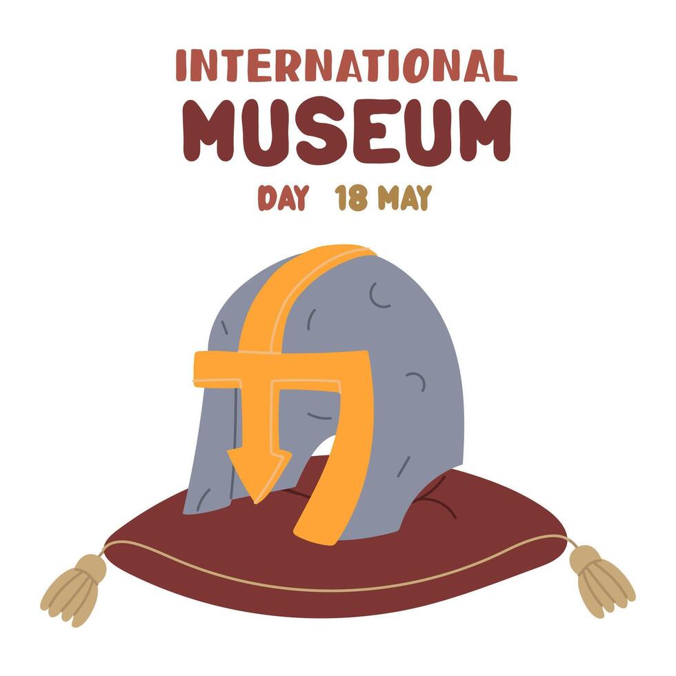 International Museum Day on May 18. metal helmet on a pillow. Military protection. Flat color illustration for use in posters, articles, and social media related to science and history. Square Banner vector