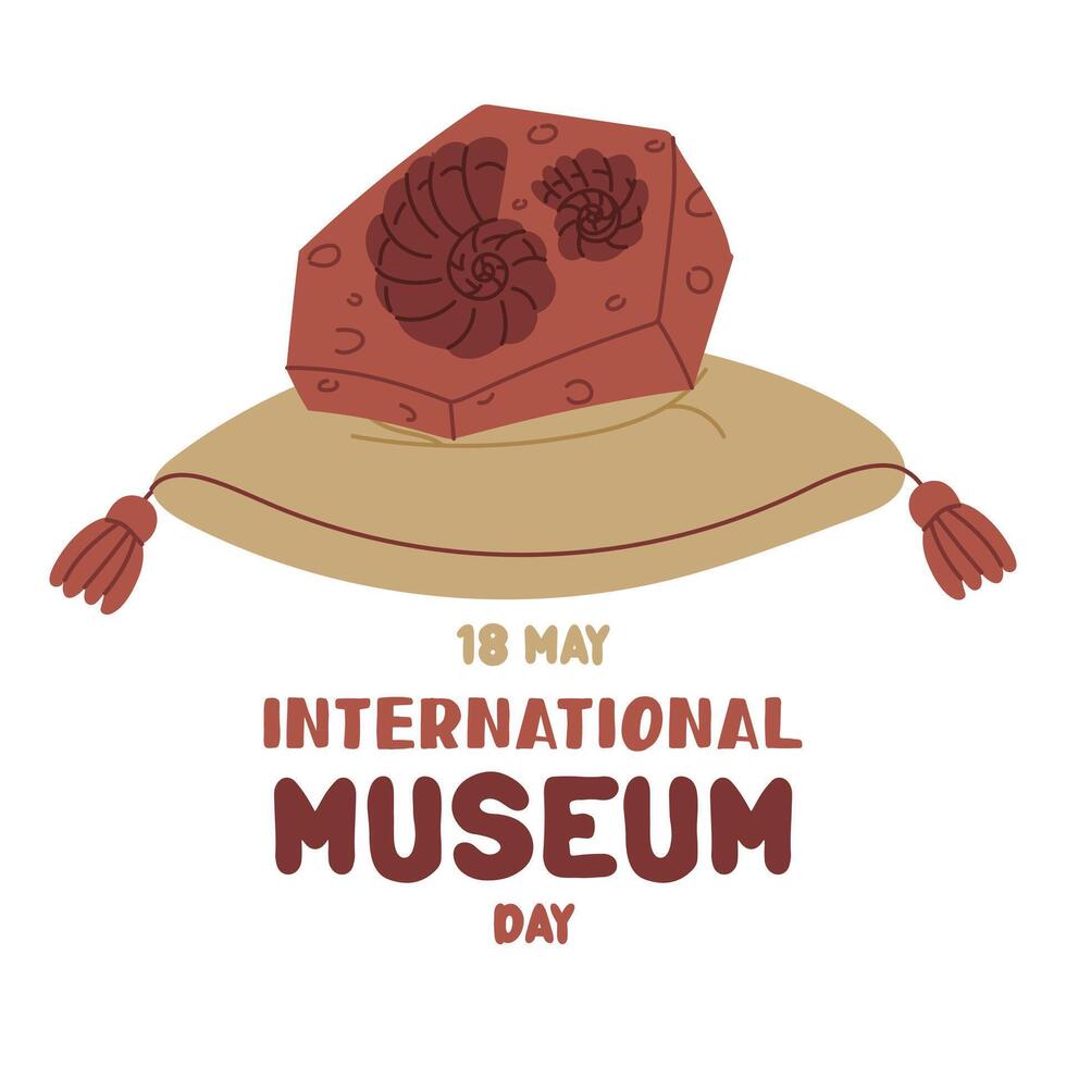 International Museum Day on May 18. fossil of a prehistoric shell on a pillow. Flat color illustration for use in posters, articles, and social media related to science and history. Square banner vector
