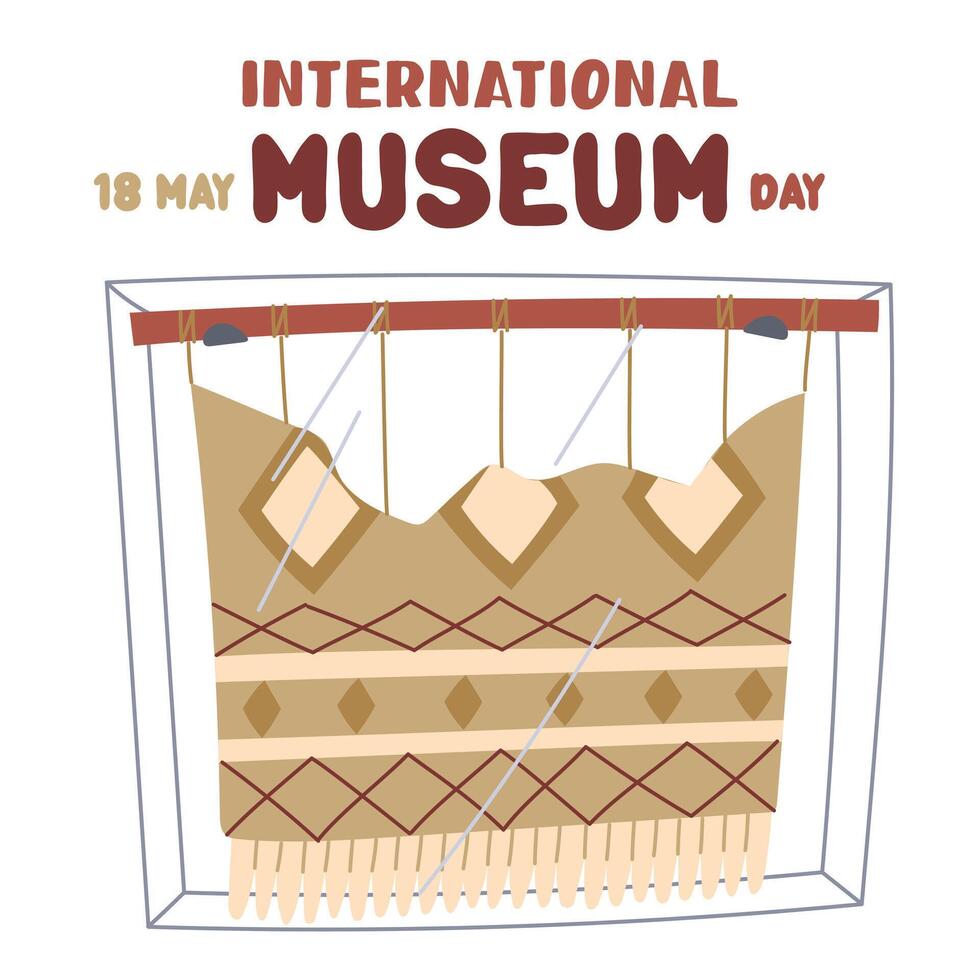 International Museum Day on May 18. A piece of carpet on a stand under a dragonfly. Flat color illustration for use in posters, articles, and social media related to science and history. banner vector