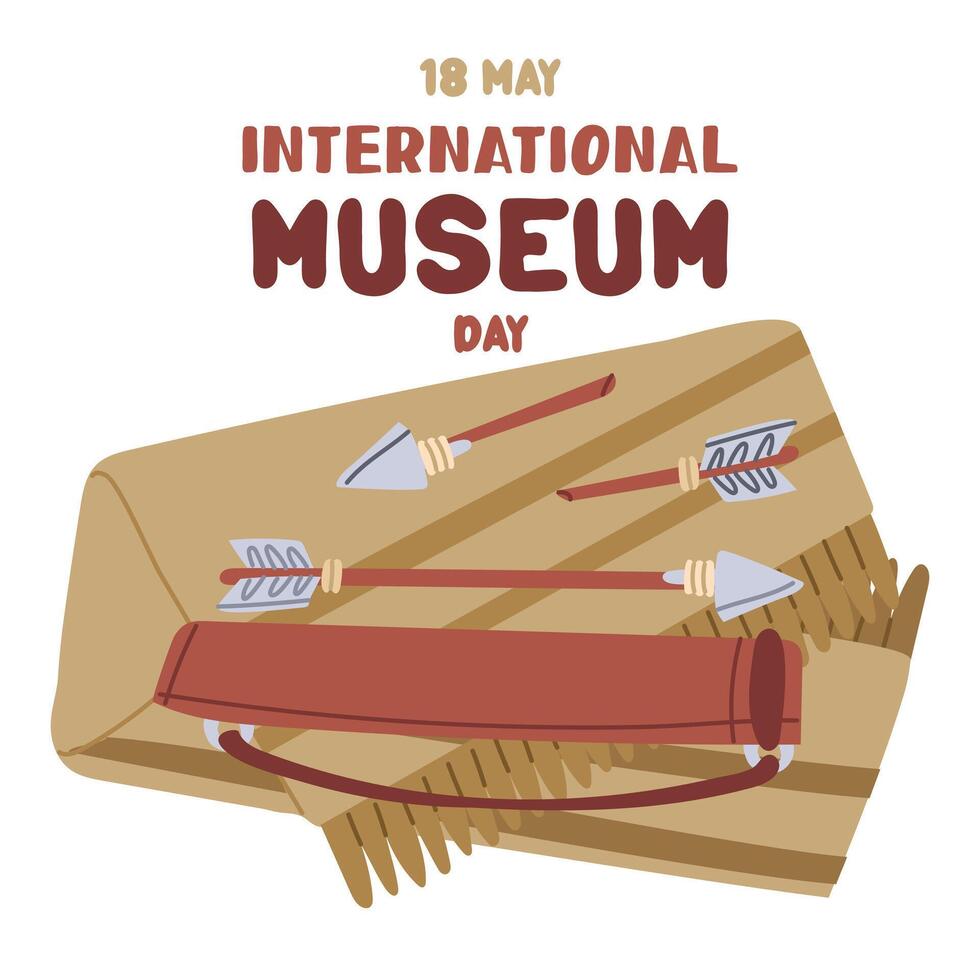 International Museum Day on May 18. An antique quiver with arrows on bedspread. Flat color illustration for use in posters, articles, and social media related to science and history. Square banner vector