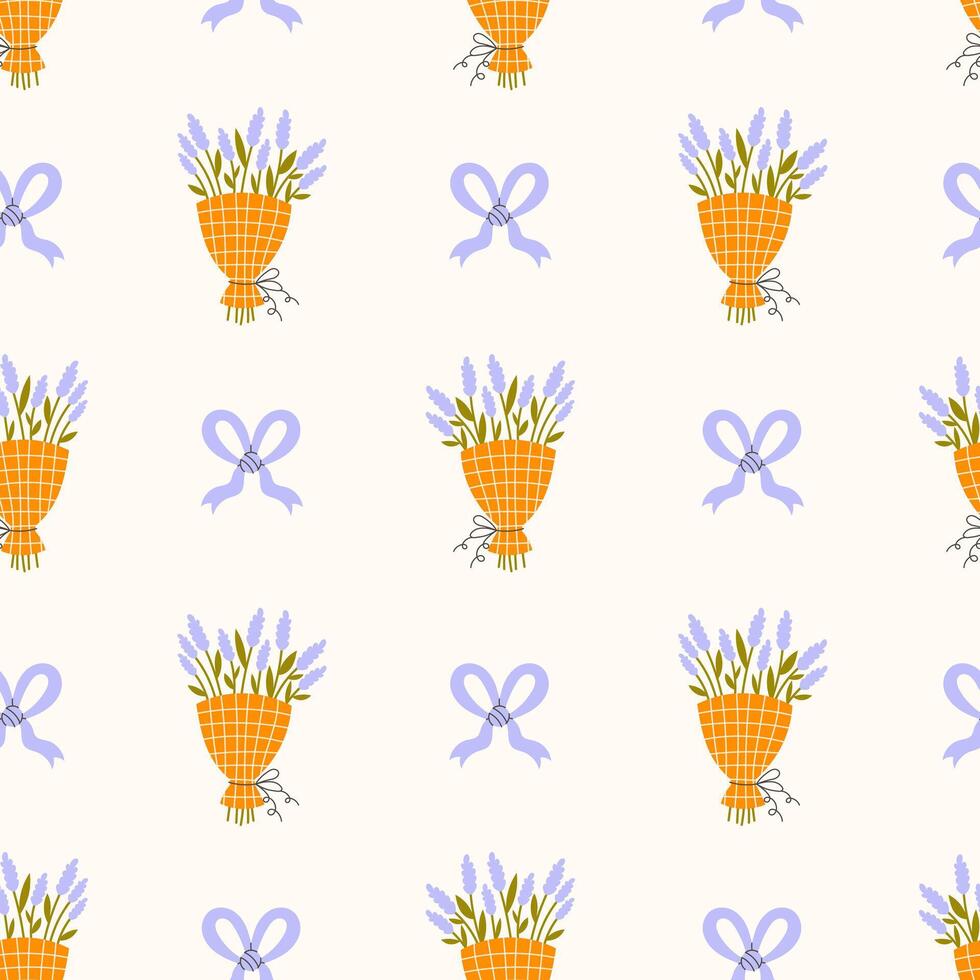 Lavender Flower Bouquet and Tied Bow Seamless Pattern vector