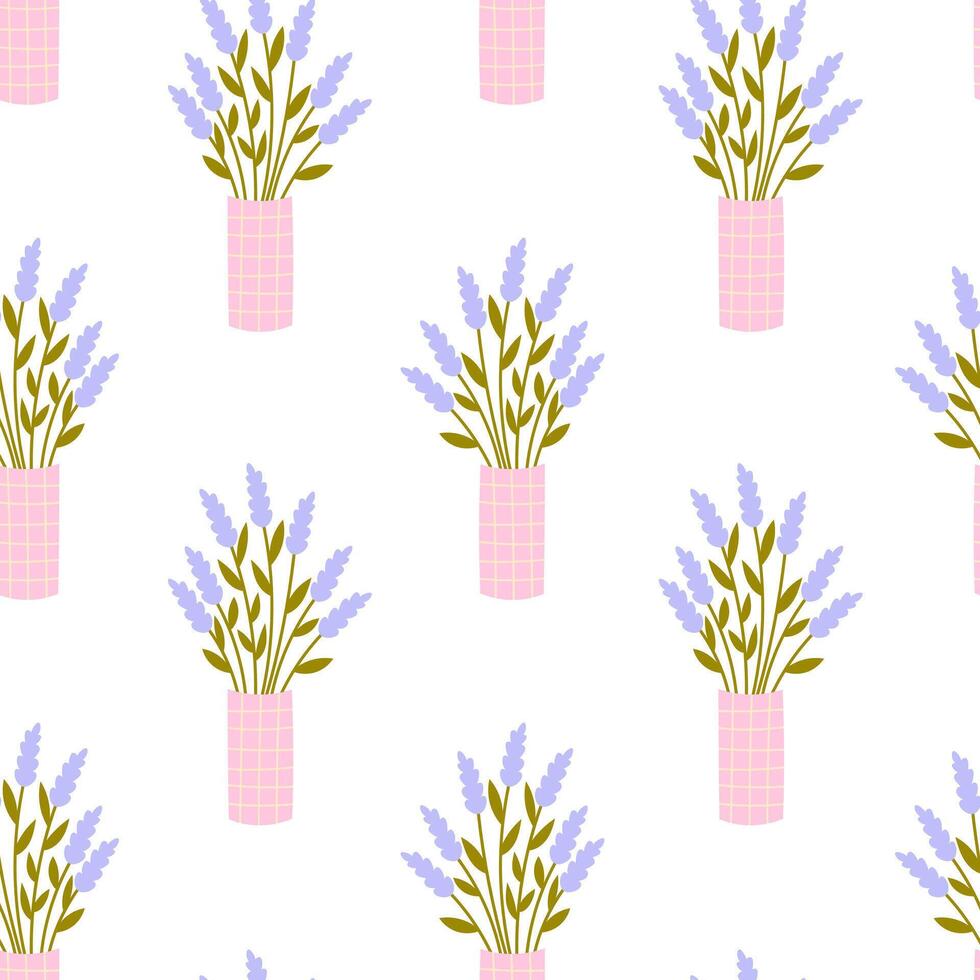 Lavender Bouquet in Vase Seamless Pattern vector