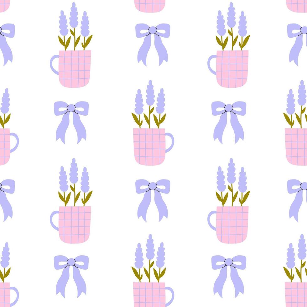 Lavender Flowers in Mug with Tied Bow Seamless Pattern vector