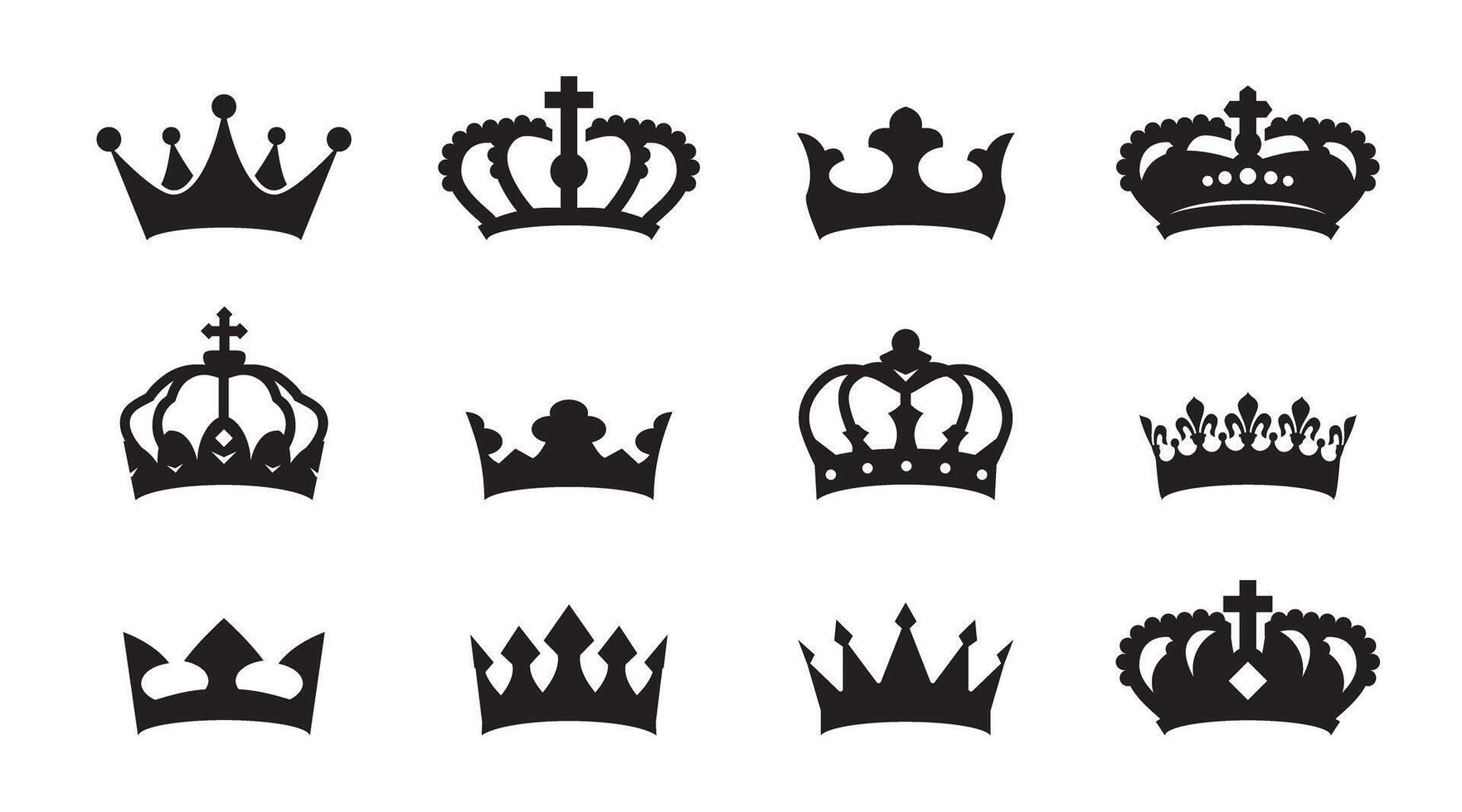 Royal insignia collection. Royal crowns. Set black icons and elements for logo design. vector
