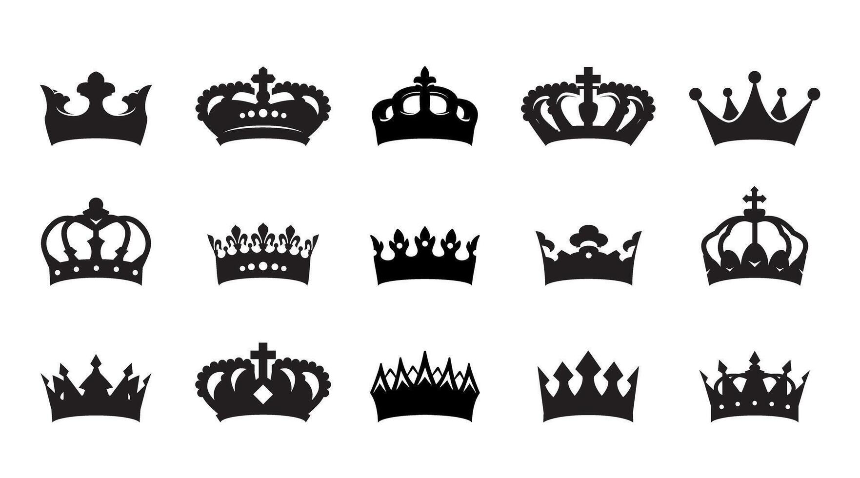 Set of black king crowns. Outline Icons isolated vector