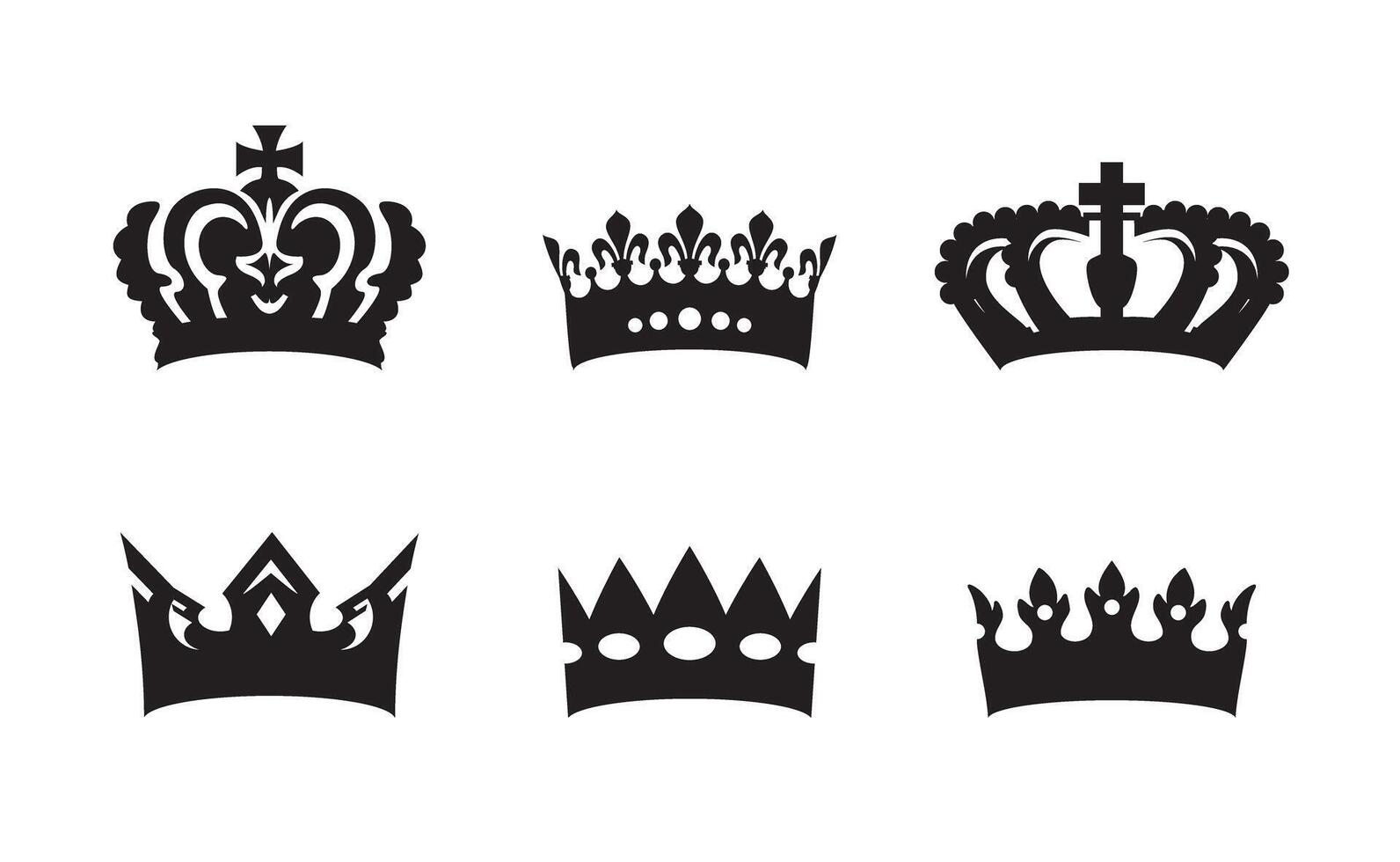 Collection black king crowns. Outline Icons isolated vector