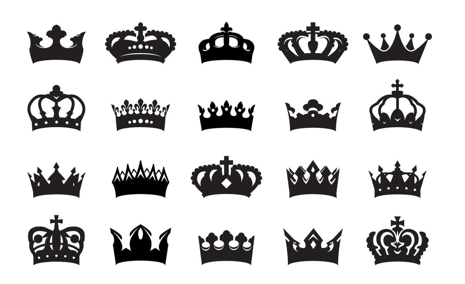 Set black king crowns. Outline Icons isolated vector