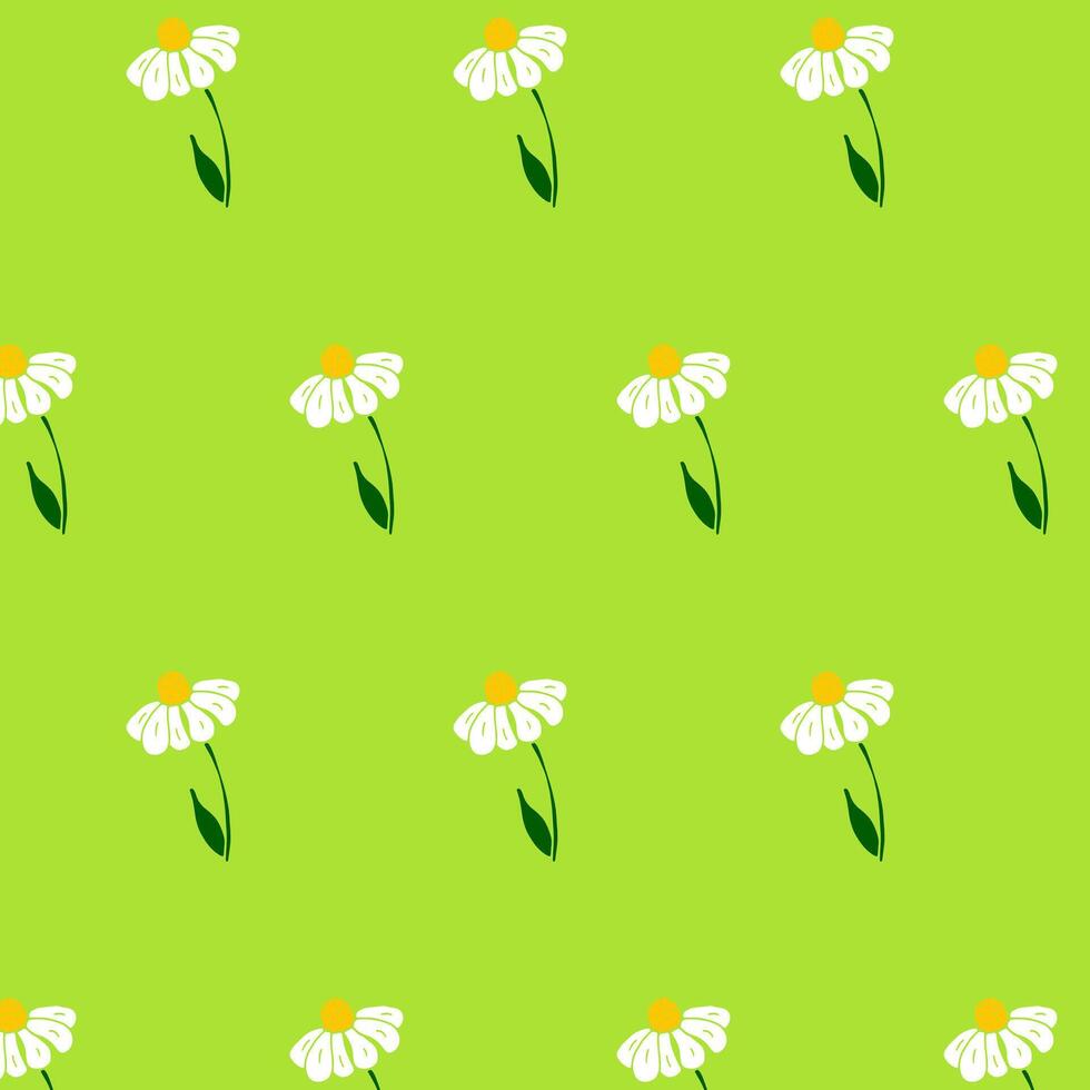 Playful seamless pattern with hand-drawn chamomile flowers on a vibrant green background. Perfect for spring and summer-themed designs, textiles, packaging, or greeting cards. vector