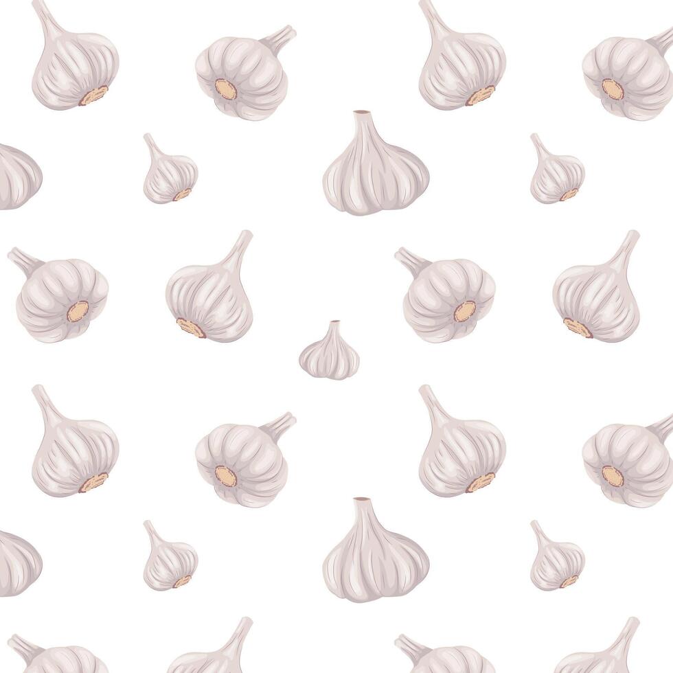 Seamless pattern with cute cartoon garlic bulbs on white background, ideal for kitchen decor, food blogs, or packaging. vector