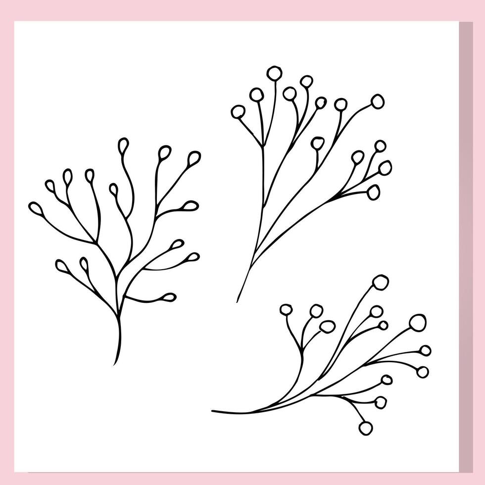 Hand-drawn botanical doodle set with three minimalist branches featuring round berry-like tips. Simple line art illustration perfect for nature-themed designs, eco projects, vector