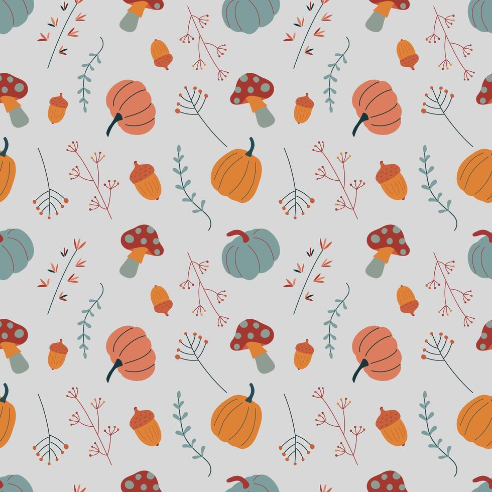 Autumn Seamless Pattern with Pumpkins, Mushrooms, and Acorns vector