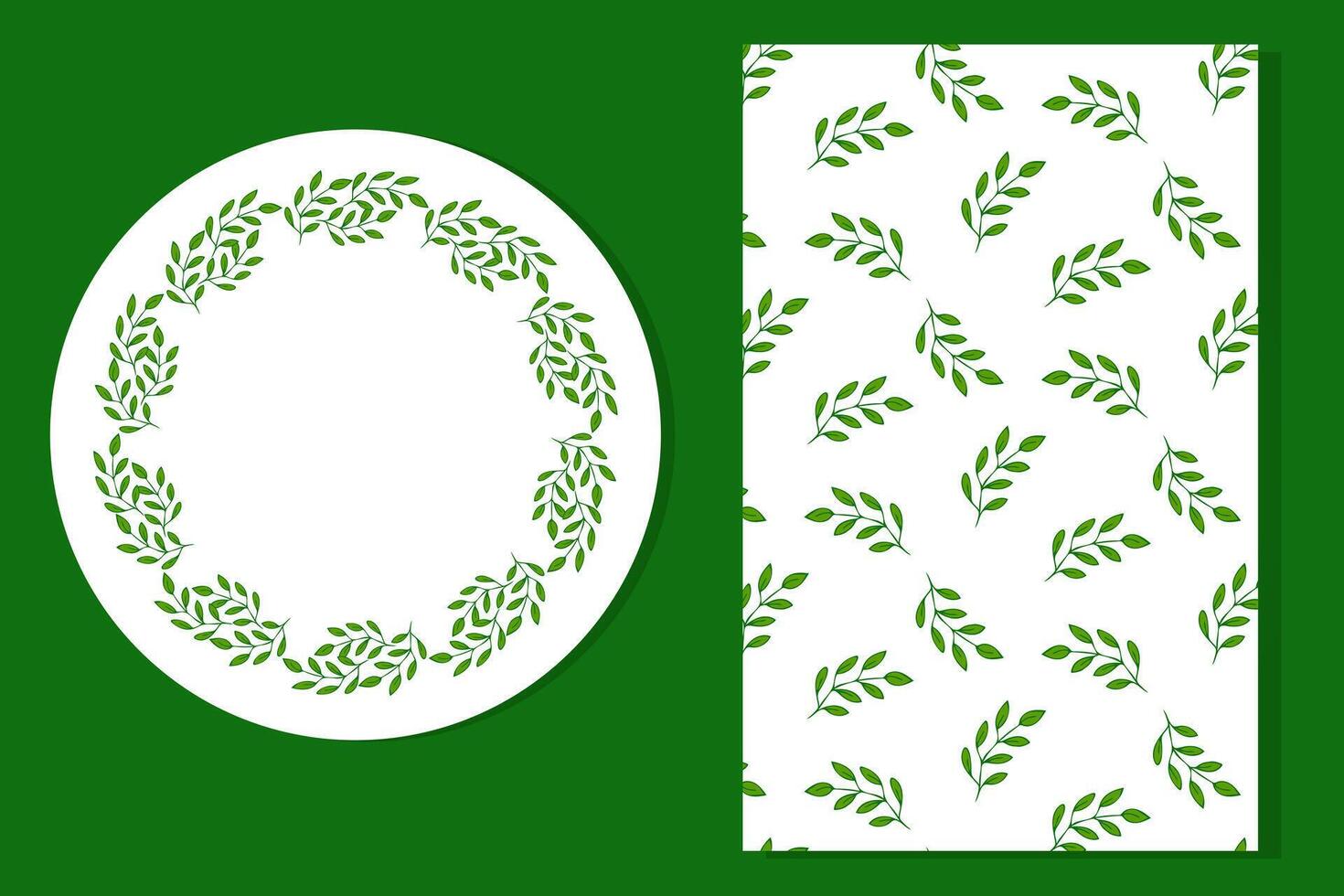 Botanical set with a round leafy frame and seamless leaf pattern. Ideal for eco designs, invitations, packaging, and natural-themed projects. vector