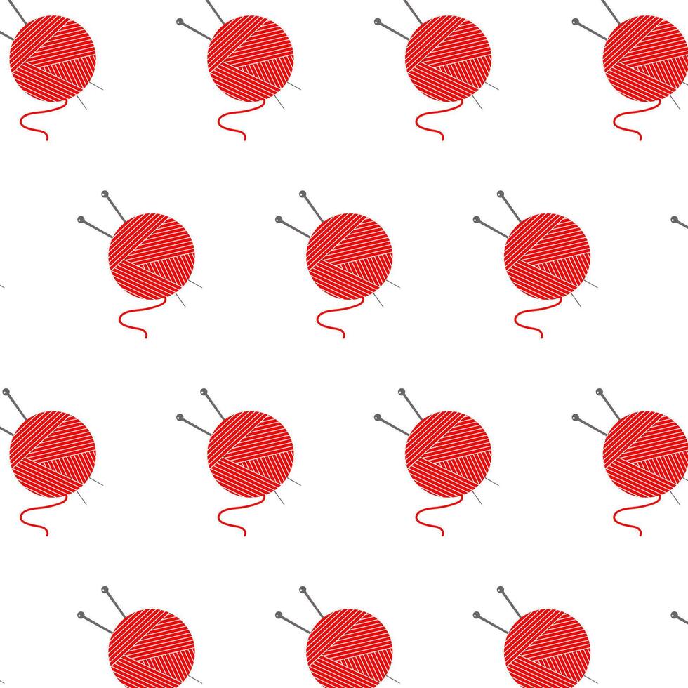 Knitting-themed seamless pattern with red yarn balls and needles. Perfect for handmade projects, fabric, and crafts. vector