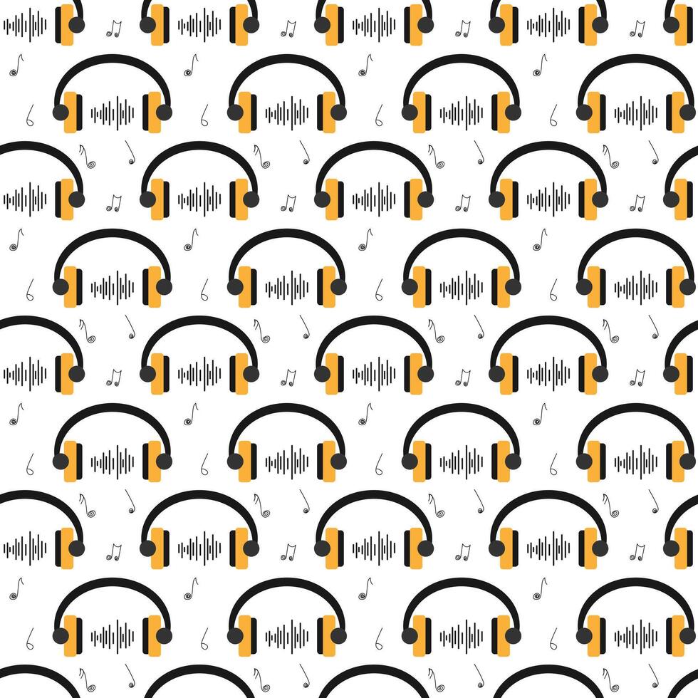 Seamless headphones pattern with music wave. Audio sound pattern. DJ earphones music vector