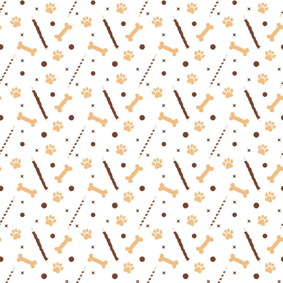 Seamless paw and bone pattern with pet treats. Pet background snack texture. Dog snacks vector