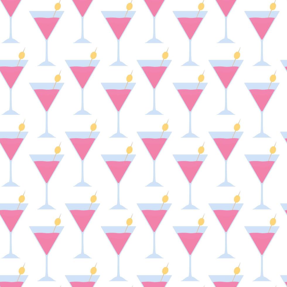 Seamless martini cocktail pattern for party. Pink martini drink glass with olive garnish vector