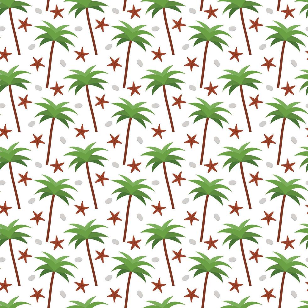 Seamless palm pattern with tropical tree. Beach summer background with starfish vector