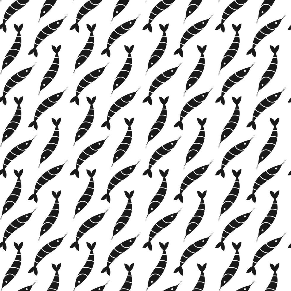 Black shrimp pattern. Seafood print. Fresh marine shrimps. Flat ocean prawn food. vector