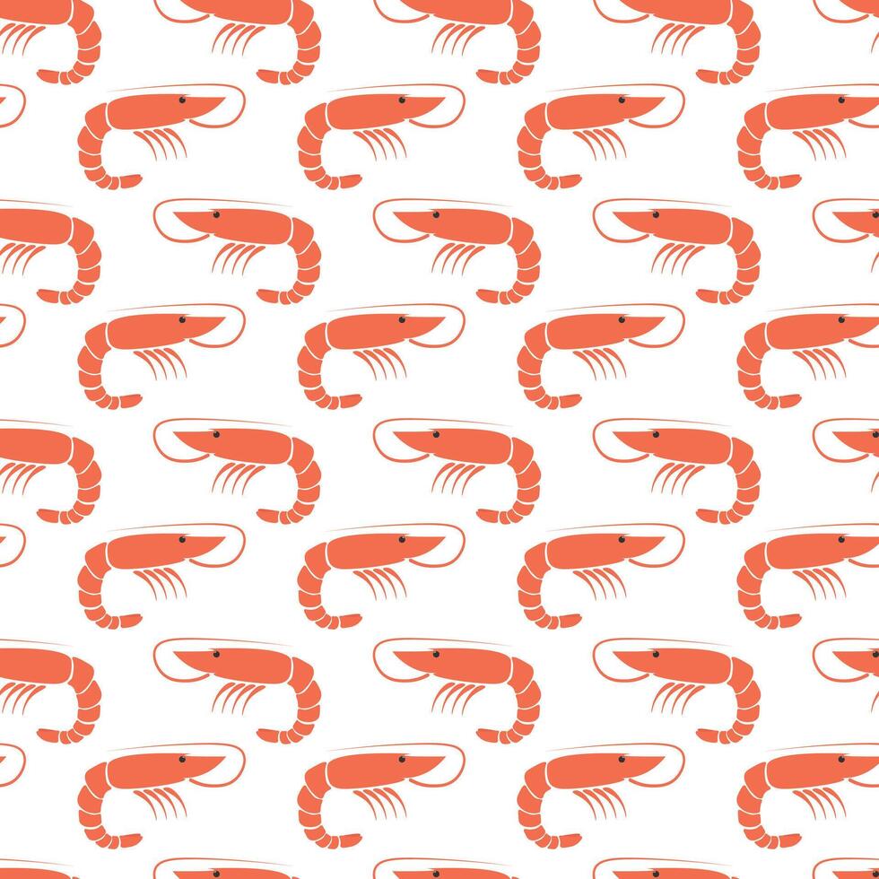 Flat ocean prawn food. Seamless shrimp pattern. Seafood print. Fresh marine shrimps. vector