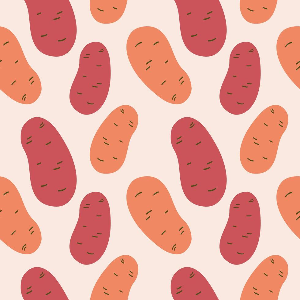 Potatoes repeating seamless pattern. Repeating background with vegetables fruits illustration in cartoon style. Drawing rapport with sweet fresh potato. Food ingredient, agriculture, harvest vector
