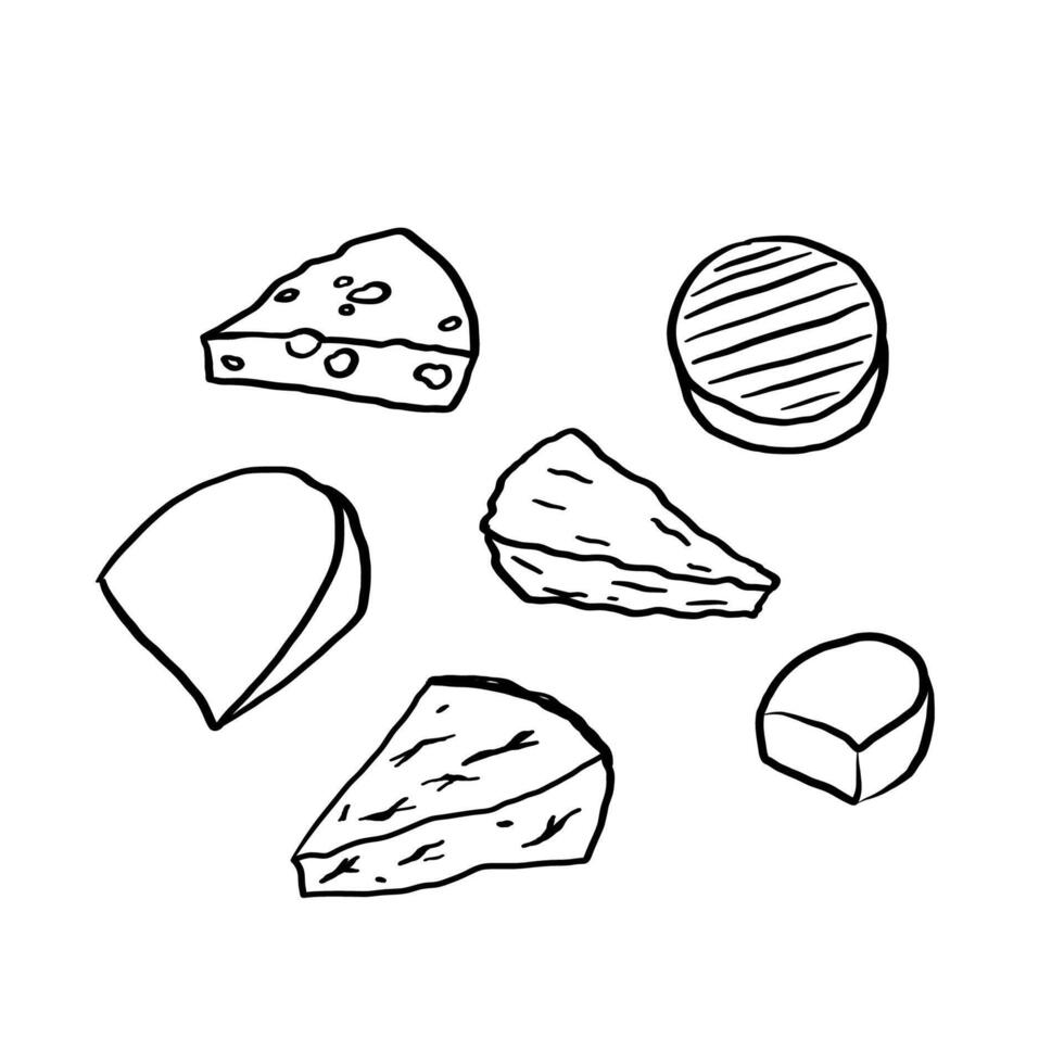 Cheese set illustration on isolated background. Ink sketch with cheesy doodle. Milky food elements, hand drawn illustration. Cheeses card background, dairy products, menu, farm. Pressed curds vector