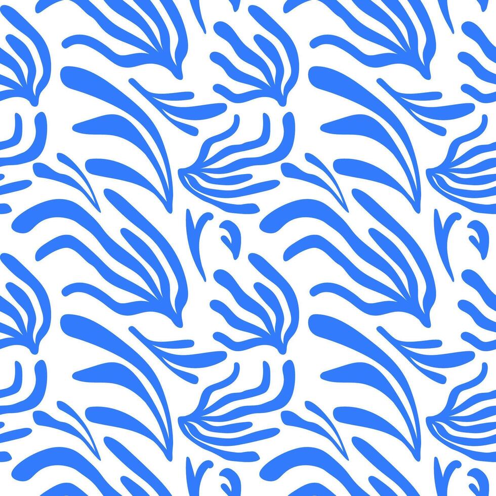 Blue seamless pattern with abstract shapes in Matisse style. Summer marine repeating background with algae, corals. Mediterranean ornamental rapport. Design backdrop for textile, paper, wrapping vector