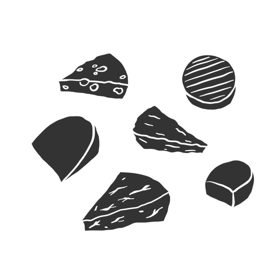 Cheese set silhouette illustration on isolated background. Ink sketch with cheesy doodle. Milky food elements, hand drawn illustration. Cheeses logo, dairy products, menu, farm. Pressed curds vector