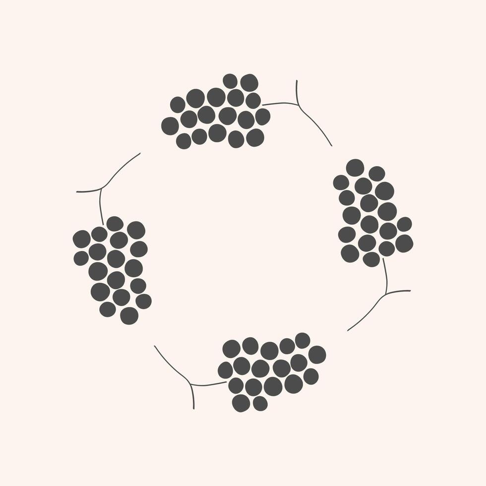 Icon logo with sketch Grapes. Hand drawn frame border with bunch Grapevine berries in silhouette. Design template for food, dry raisins, dessert, harvest fruit. For card, print, wrapping vector