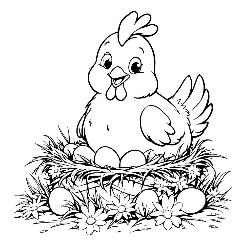 Cute Hen Chicken on the Nest with Eggs Funny Coloring Page Project vector