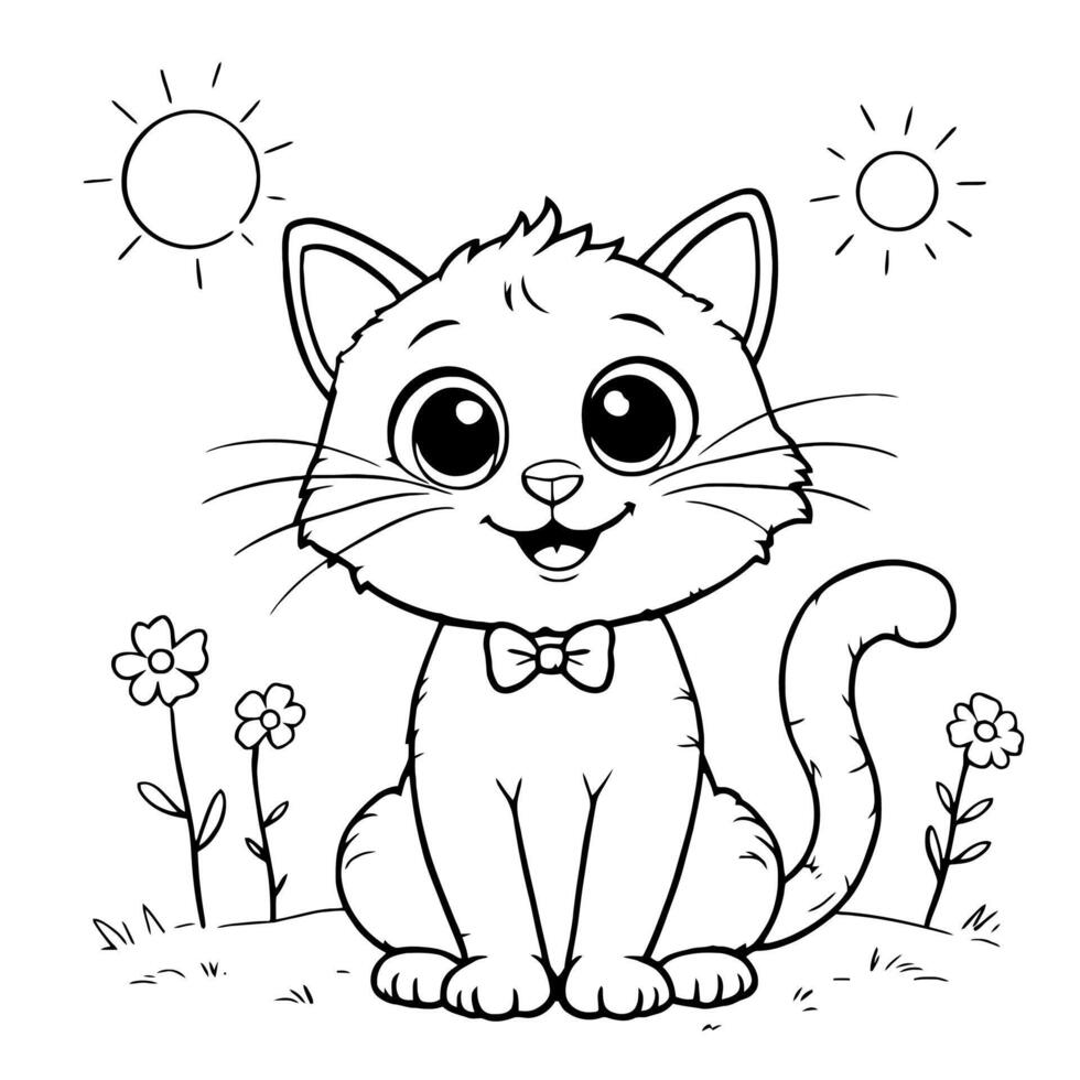 Cute Cat In A Garden With Flowers And Sun Coloring Page Art vector