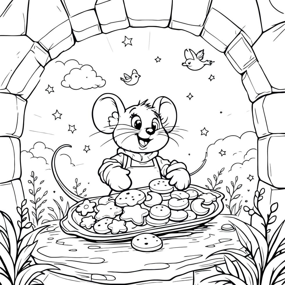 Mouse Baking Cookies Under Stone Arch Coloring Page for Creative Kids Fun vector