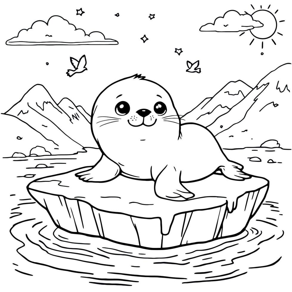 Seal On Iceberg A Joyful Adventure Coloring Page For Kids And Adults vector