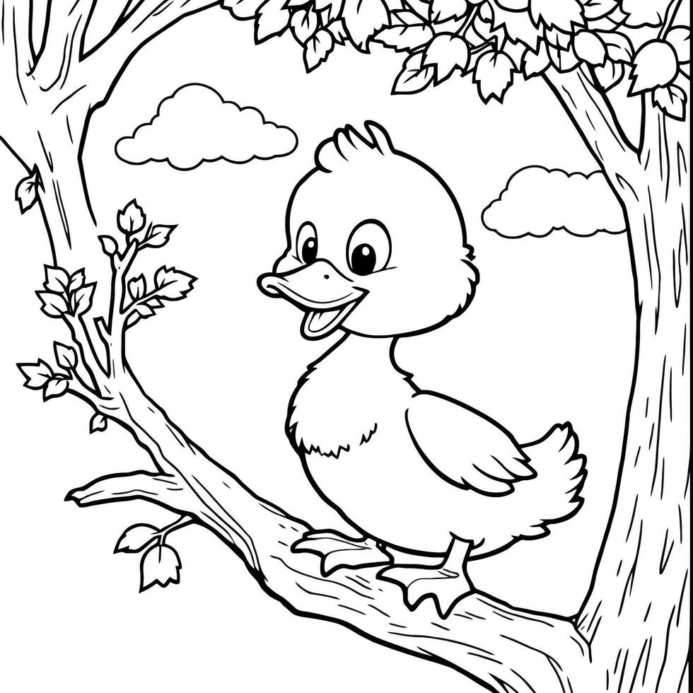 Cute Duckling on a Branch in the Forest Awaits Color For Fun vector