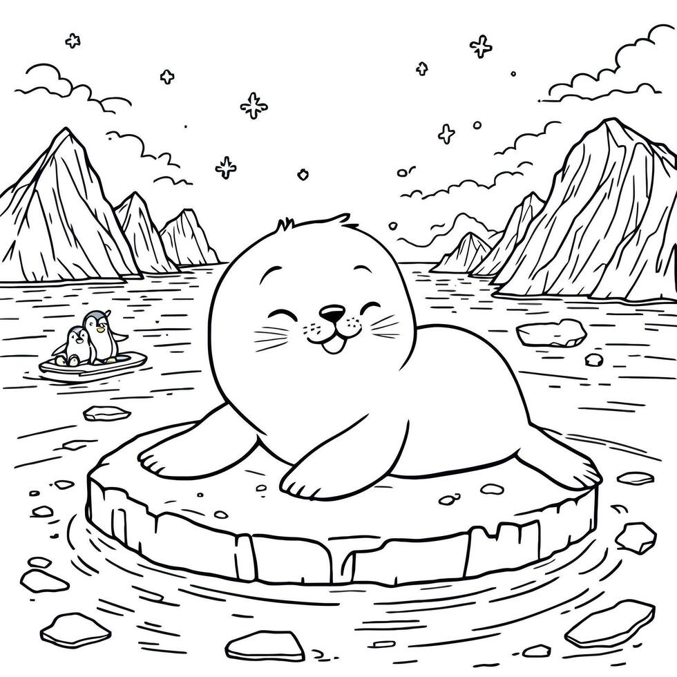 Adorable Seal on Iceberg in Arctic Coloring Page for Kids To Color vector