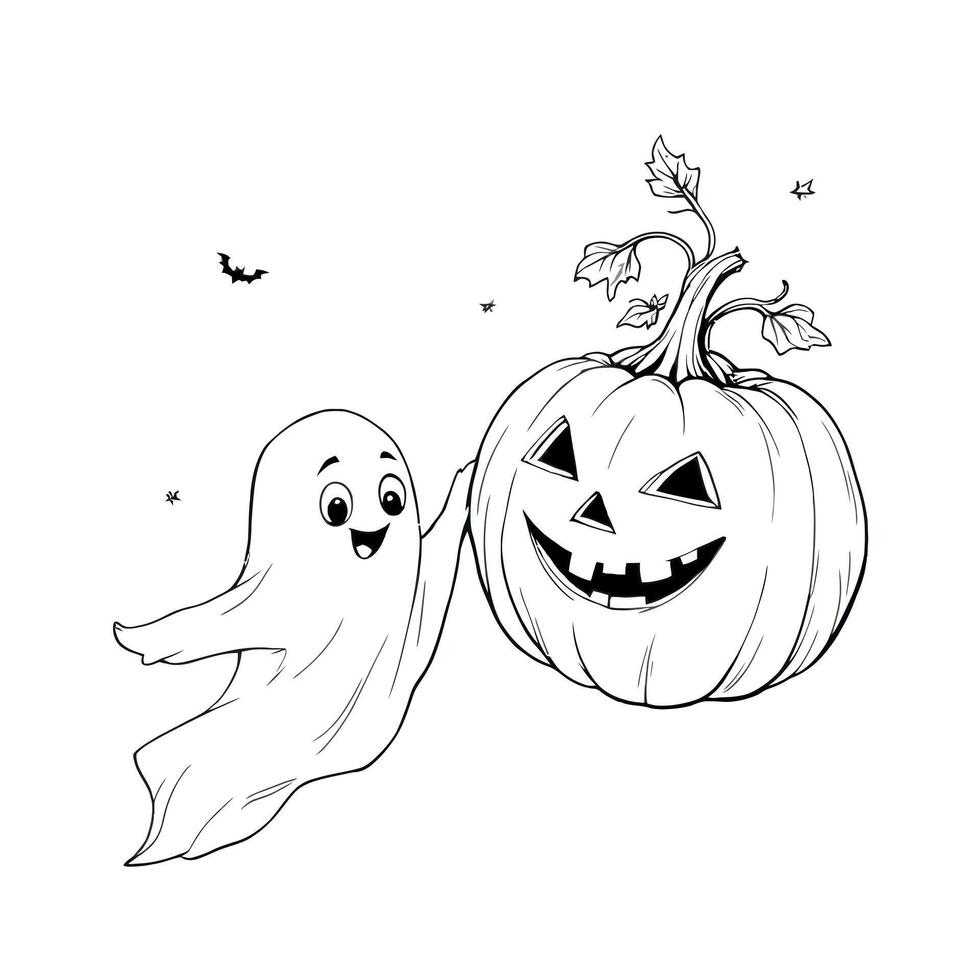 Cute Ghost and Jack O Lantern Halloween Coloring Page for Kids to Print vector