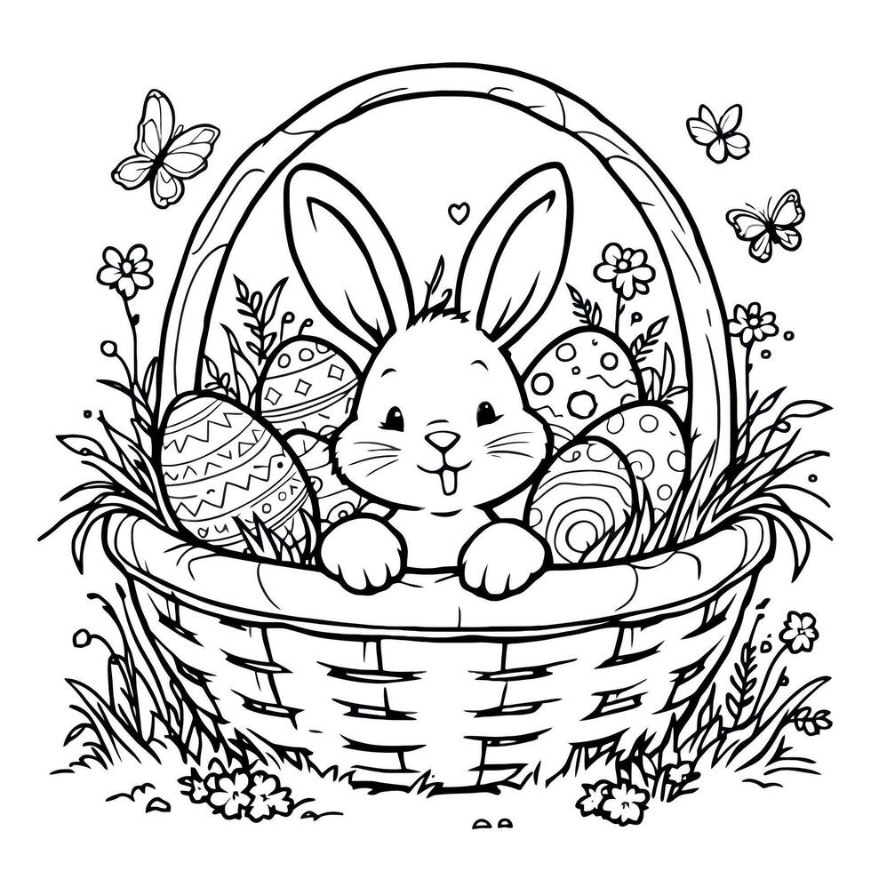 A Basket Filled With Easter Eggs and A Bunny Coloring Page vector