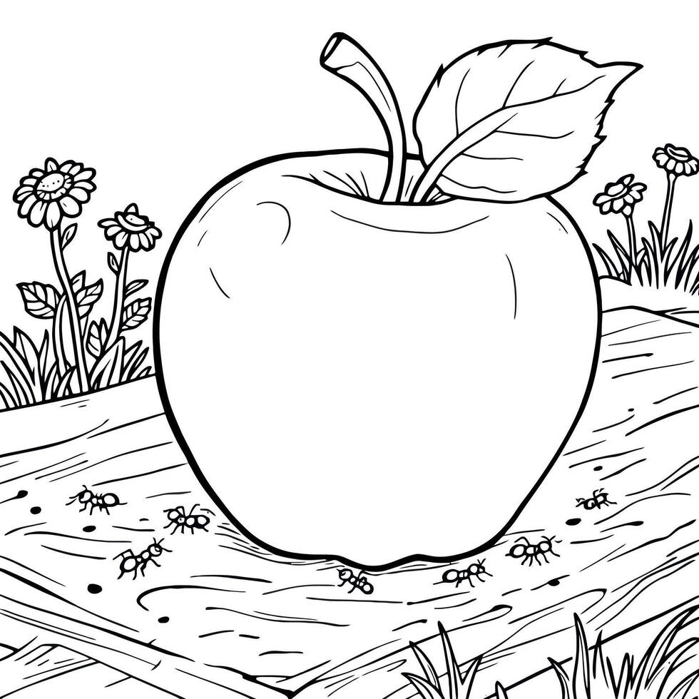 Apple Coloring Page with Ants and Flowers in Black and White Outline vector