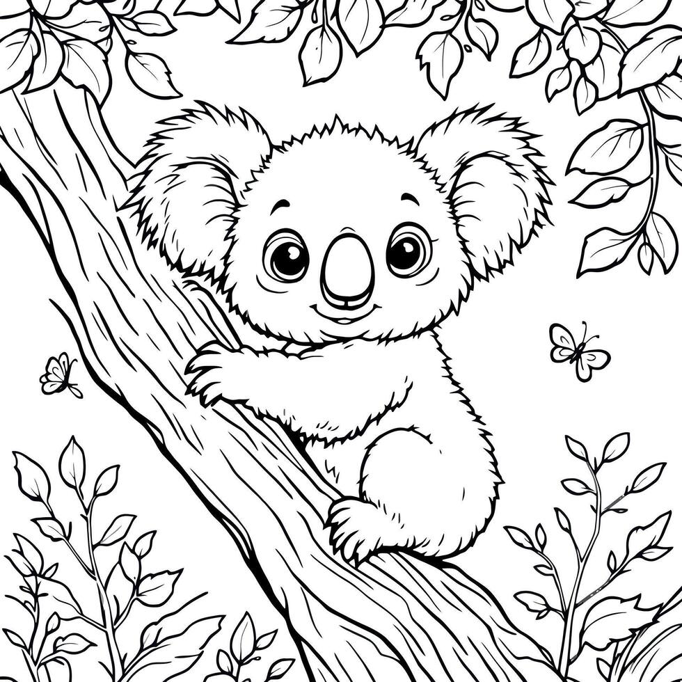 Adorable Koala Bear Cub On Tree Branch Surrounded By Leaves Coloring Page vector