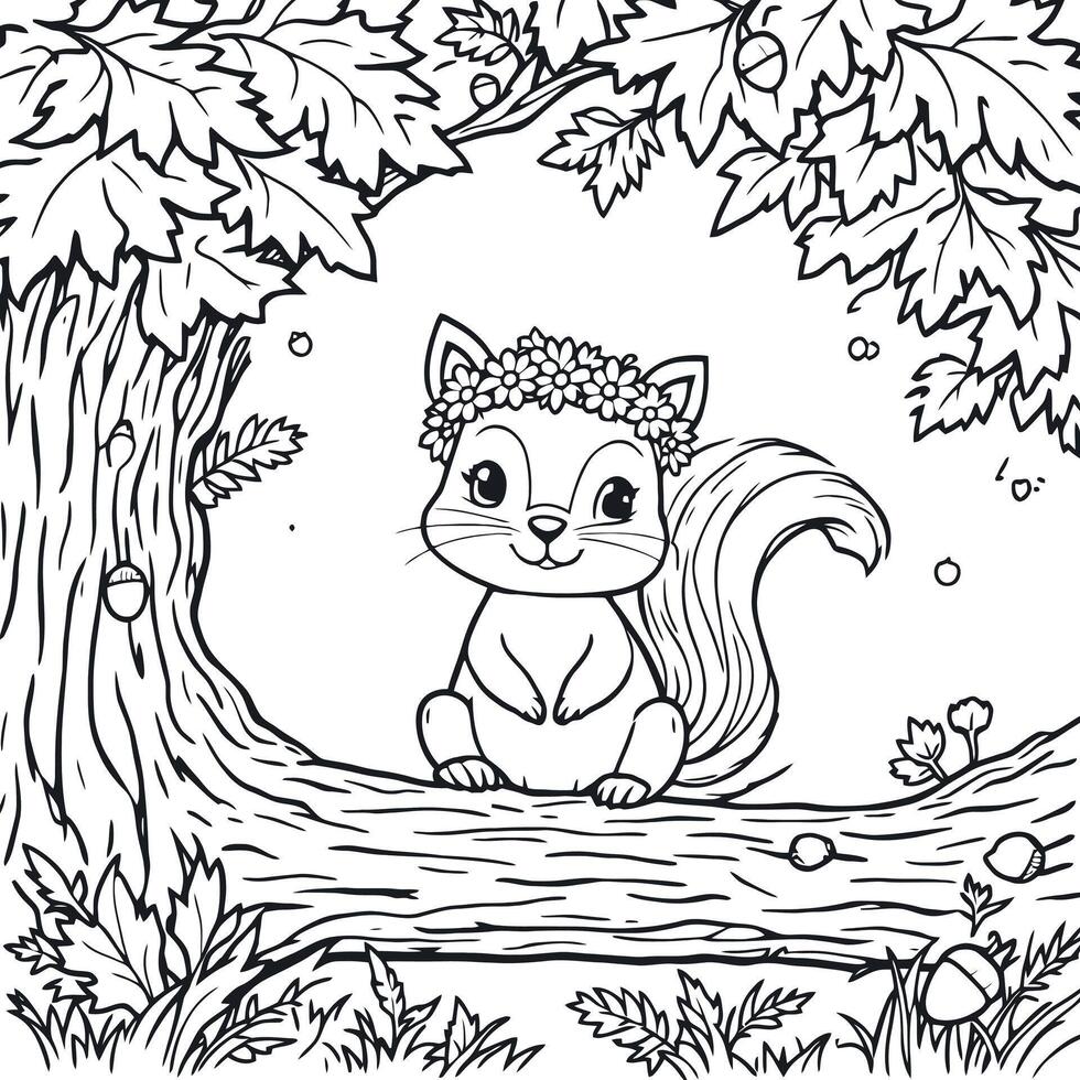 A Cute Squirrel with a Floral Crown in an Autumn Forest Coloring Page vector